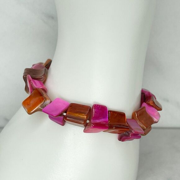 Pink and Orange Seashell Shell Beaded Stretch Bracelet - Picture 1 of 9